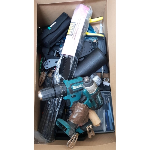 ONE BOX OF MISCELLANEOUS ITEMS
including two Makita drills, Seat Rail fitting for Land Rover, loose tools, darts, catapult, etc.