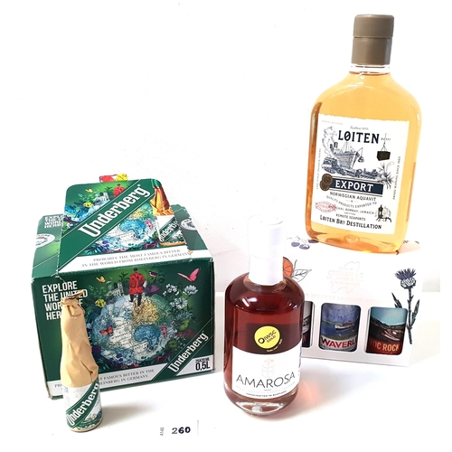 SELECTION OF SPIRITS AND LIQUEURS
comprising an Isle of Cumbrae gin gift set (41%, 43% and 43% and all 5cl); one bottle of Loiten Norwegian Export Aquavit (40% and 50cl); one bottle of Amarosa wild Scottish spritz liqueur (20% and 200ml); and a box of 25 bottles of Underberg herbal bitters (25x 20ml and 44%)