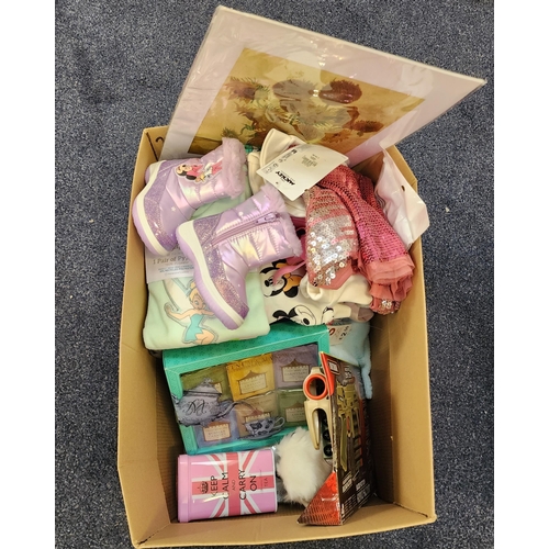 ONE BOX OF NEW ITEMS
including children's clothing, toys, children's boots, tea bags and a sunflower Van Gogh print