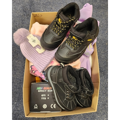 ONE BOX OF NEW ITEMS
including children's and gents clothes, spray gun, children's boots, pair of earthworks size 5 work shoes