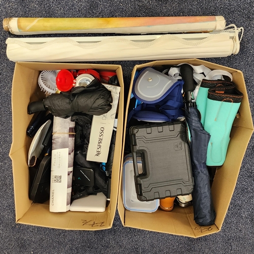 TWO BOXES OF MISCELLANEOUS ITEMS
including animal disinfectant, water bottles, flasks, pot, umbrellas, posters, blind, walking sticks and Nespresso descaling pods