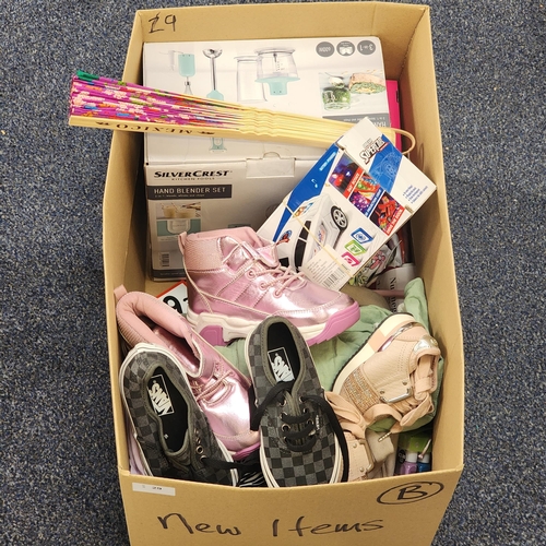 ONE BOX OF NEW ITEMS
including Silver Crest hand blender, clothing, a toy car, children's footwear including a pair of Vans trainers (child size 10)