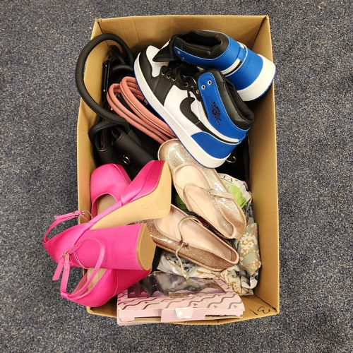 ONE BOX OF NEW ITEMS
including high heeled pink shoes, handbags, ladies and children's clothing and shoes, make up brushes and a pair of trainers