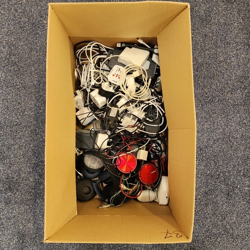 ONE BOX OF HEADPHONES, CABLES, CHARGERS AND ADAPTERS
including three power banks, headphones include on ear, in ear and earbuds