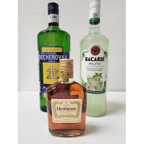 SELECTION OF SPIRITS AND LIQUEURS
comprising Becherovka Czech Republic herbal liqueur(38%, 1L); Bacardi mojito mix(14.9%, 1L); Hennessy very special cognac(40%, 20cl)

Note: You must be over the age of 18 to bid on this lot.