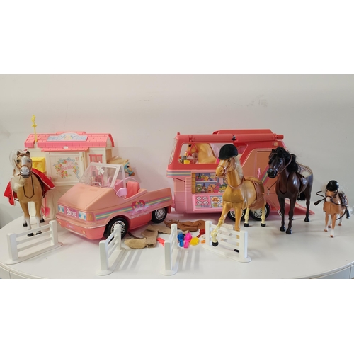 SELECTION OF MATTEL BARBIE HORSES AND HORSE RELATED ACCESSORIES
comprising car, with horse box trailer, horse stall, seven horses of various size, all with tack and most with moving parts, four jumps, and various loose items of tack, clothing, cups, rosettes, etc.