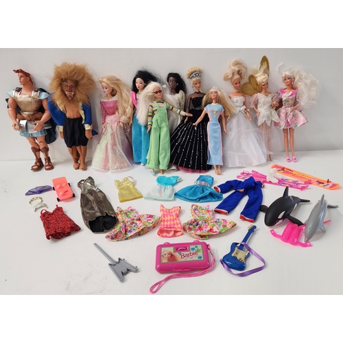 SELECTION OF ELEVEN MATTEL AND OTHER DOLLS  AND A LARGE SELECTION OF BARBIE CLOTHING AND ACCESSORIES
comprising seven Mattel Barbie dolls, two other similar dolls, a Mattel 'Beast' doll with removeable mask and a Mattel Hercules doll; the clothing and accessories including shoes, boots, skirts, tops, underwear, skis, scuba gear, snowboard, guitar, etc.