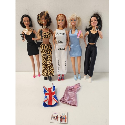SET OF FIVE GALOOB SPICE GIRL OFFICIAL MERCHANDISE DOLLS
all with microphones/headsets, Emma also with bag and extra dress, Victoria also with bag, and Geri with two outfits, all marked '97GTI'