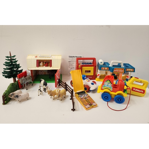 SELECTION OF FISHER PRICE AND OTHER TOYS
including a Play family barn and Little Mart, various Early Learning Centre and other farmyard animals, a Fisher Price tape recorder, torch and racing car, etc.