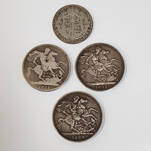THREE BRITISH SILVER CROWNS
dated 1821, 1889, and 1902, total weight approximately 82.9 grams; together with a 1920 half crown