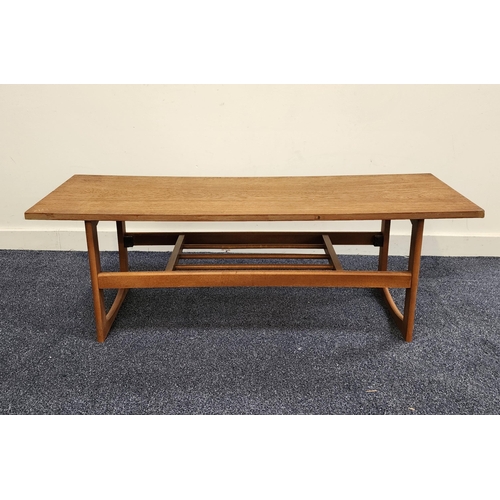 MID CENTURY TEAK OCCASIONAL TABLE
with a rectangular top on continuous supports united by a slatted undertier, 42cm x 120cm x 39.5cm