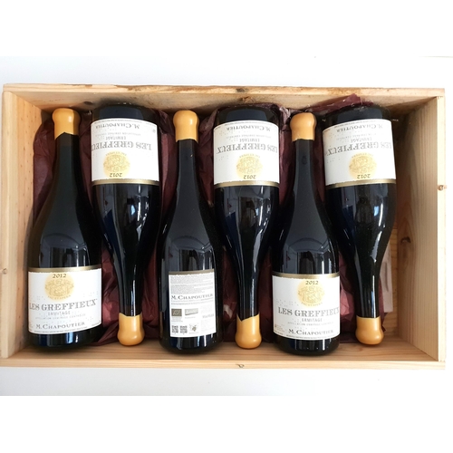 M. CHAPOUTIER LES GREFFIEUX ERMITAGE 2012
6 bottles, in original wooden case, 75cl and 14%