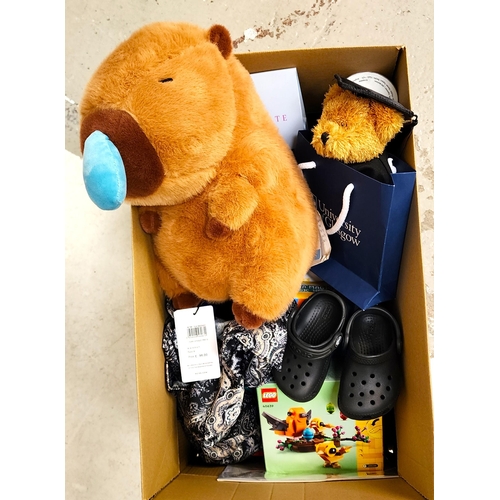 ONE BOX OF NEW ITEMS
Clothing including a Reiss shirt, toys including Lego, children's Crocs in size 5, Soft toys