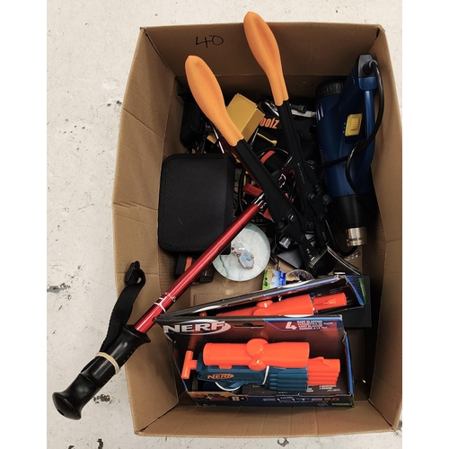 ONE BOX OF MISCELLANEOUS ITEMS
including diffuser, snow globes, toy guns including Nerf, hiking pole, draper paint remover gun and loose tools,