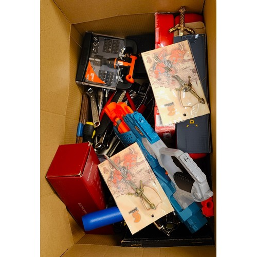 23 - ONE BOX OF MISCELLANEOUS ITEMS
including tool kits, loose tools, electric bottle opener, darts, souv... 