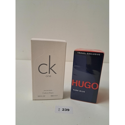 239 - TWO NEW AND BOXED PERFUMES
comprising Calvin Klein One (100ml) and Hugo Boss Dark Blue (75ml)
Note: ... 