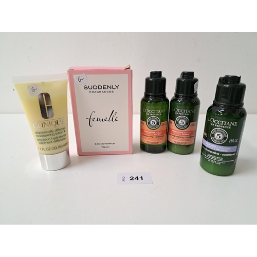 NEW AND BOXED SKIN PRODUCTS
comprising Suddenly Fragrances Femelle perfume (75ml); Clinique moisturizing lotion (50ml); L'Occitane  shampoo (75ml), L'Occitane conditioner x2 (75ml)