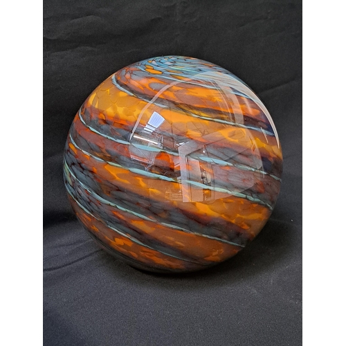 DECORATIVE GLASS SPHERE
with orange, yellow, blue and purple swirls, 24cm high