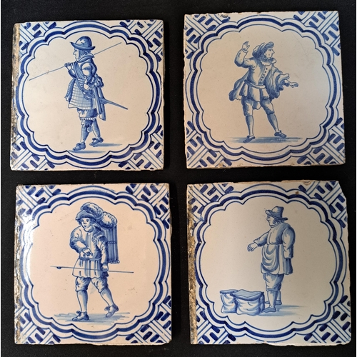 FOUR 18th CENTURY DUTCH DELFT TILES
depicting a soldier, merchant, nobleman and traveller, each blue and white tile approximately 13.5cm x 13.5cm