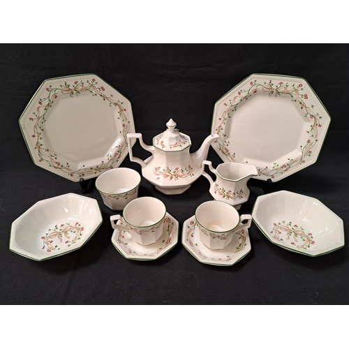 JOHNSON BROTHERS DINNER SERVICE
the white ground decorated with a floral border with green highlights, comprising four soup/dessert bowls, four side plates, six dinner plates, five cups, six saucers, lidded coffee pot, sugar bowl and cream jug (29)