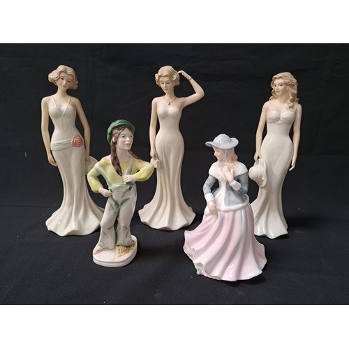 FIVE FIGURINES
comprising three SBL elegant ladies, all 25.5cm high, Royal County Amy, 18cm high and a Welsh Crest lady in dungarees, 19cm high (5)