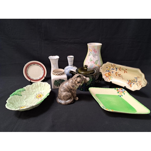 MIXED LOT OF CERAMICS
including a Beswick cat, Carlton Ware leaf dish, Royal Winton lustre vase, a floral decorated dish and a spill vase, Susie Cooper plate, Crown Devon shaped dish and other items