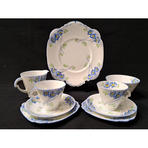 LAWLEY'S OF LONDON ART DECO TEA SET
decorated with corn flowers, comprising six cups and saucers, six side plates, sandwich plate, milk jug and sugar bowl (21)