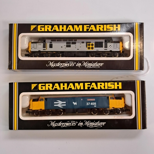 TWO GRAHAM FARISH N GAUGE MASTERPIECES IN MINIATURE 
comprising No 8035 Class 37 Diesel, No. 37408 (Large Logo) BR Blue; and No. 8036 Class 37 Diesel, 37696 Coal Sector. Both boxed and unused
