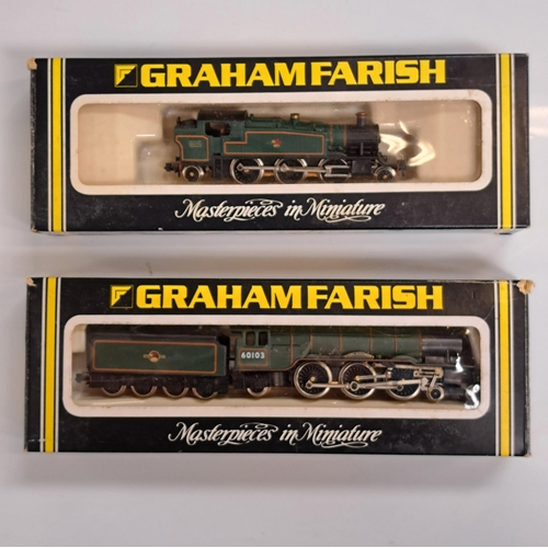 TWO GRAHAM FARISH N GAUGE MASTERPIECES IN MINIATURE 
comprising No. 1605 Prairie Tank, BR (Green); and No. 1825 Flying Scotsman BR. Both boxed, 1825 unused and 1605 with little use.