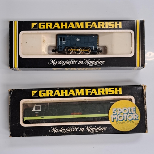 TWO GRAHAM FARISH N GAUGE MASTERPIECES IN MINIATURE 
comprising No. 1007 08 Class Diesel BR (Blue), with box and little use; and No. 8414 Class 55 Deltic D9021, Argyll & Sutherland Highlander BR Green, with incorrect box and used