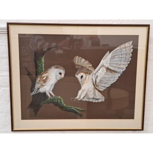 Barn owls, gouache, signed and dated 1991, 52cm x 71cm