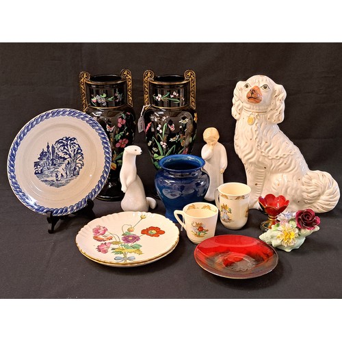 MIXED LOT OF CERAMICS
including two Royal Doulton Bunnykins mugs, Russian stoat, Royal Doulton Flambe circular dish and flared egg cup, Royal Doulton figurine Darling, HN1319, 19.5cm high, Royal Doulton Sabrina vase, 14cm high, pair of black ground floral decorated vases, 33.5cm high, wall dug and other items