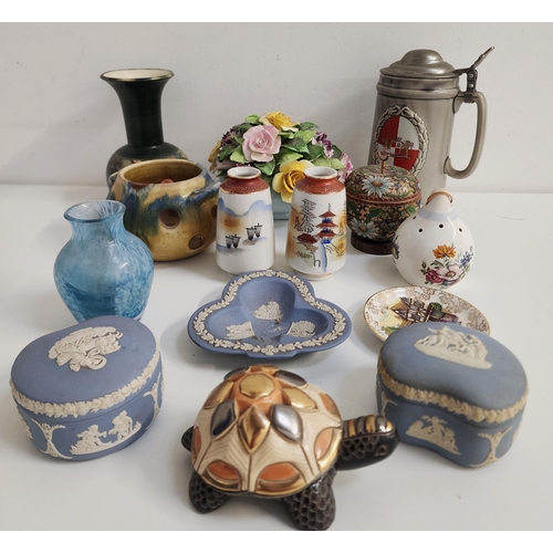 MIXED LOT OF CERAMICS
including three pieces of Wedgwood jasperware, Adderley flower posy, Jersey pottery vase, German beer stein, pair of East Asian squat vases and other items