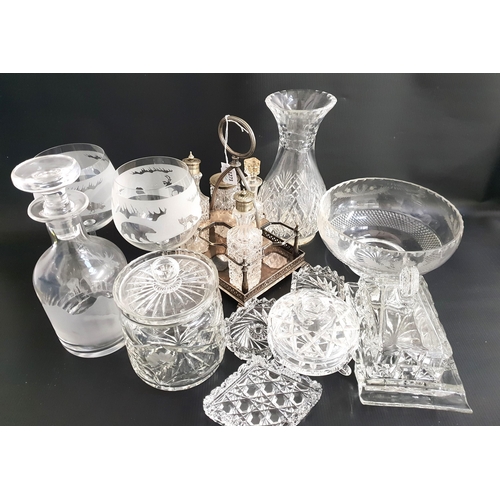 MIXED LOT OF GLASSWARE
including a crystal vase, stag etched decanter and two matching glasses, Gleneagles Hotel Golfing decanter, three butter dishes, lidded butter dish, silver plated part cruet set and other items