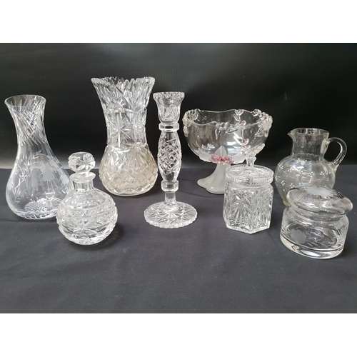 MIXED LOT OF CRYSTAL 
and other glassware including two rose bowls, chamber stick, water jugs, vases, decanters, bowls and many other items