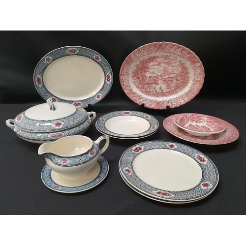 PART BRITISH ANCHOR IRONSTONE MEMORY LANE DINNER SERVICE
comprising six soup bowls, three dessert bowls and six oval fish plates, together with a Fieldings Devon Ware part dinner service, comprising six side plates, six entrée plates, six soup bowls, six dessert bowls, two oval serving plates, sauce boat and saucer and a lidded tureen (45)