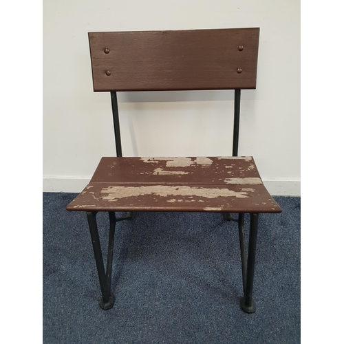 VINTAGE GARDEN SEAT
with a mahogany plank back above a two plank seat, on a heavy iron frame