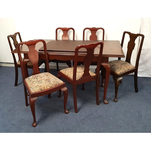 MAHOGANY RECTANGULAR DINING TABLE AND CHAIRS
the table with a pull apart top and an extra leaf, standing on cabriole supports, 73.5cm x 161cm x 85cm, together with a harlequin set of six dining chairs with drop in seats, standing on cabriole front supports
