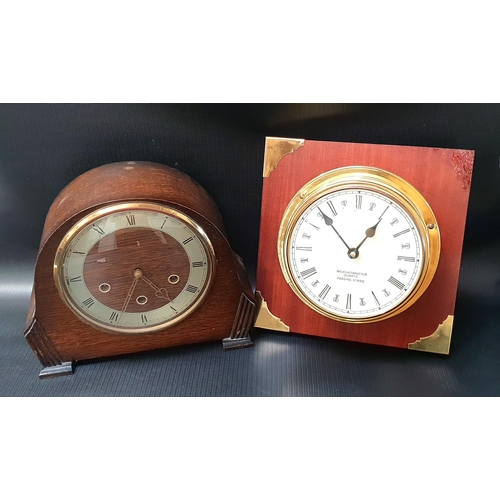 WEATHERMASTER WALL CLOCK
with a circular brass case, the dial with Roman numerals and a quartz movement, together with a Smiths Westminster chime oak mantle clock (2)