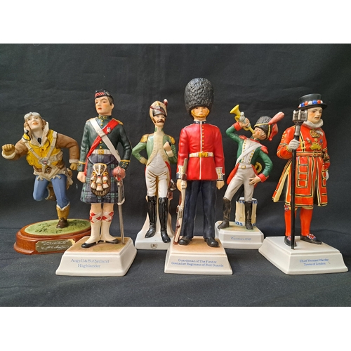 FOUR GOEBEL MILITARY FIGURINES
comprising Chief yeoman warder, Tower of London, 22cm high, Argyll & Sutherland Highlander, 22cm high, Guardsman of the first or Grenadier regiment of foot guards, 24cm high and Cuirassier 1812, 22cm high, a Napoleonic soldier, 22.5cm high and Scramble, a WWII British airmen, 19.5cm high (6)