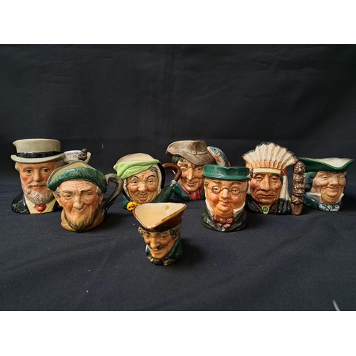 EIGHT ROYAL DOULTON CHARACTER JUGS
comprising Dick Turpin, 5.5cm high, Auld Mac, 8cm high, Mr. Pickwick, 8cm high, Parson Brown, 8cm high, Sairey Gamp, 8cm high, North American Indian, 11cm high, Sir Henry Doulton, 11cm high, and The Poacher, 10.5cm high