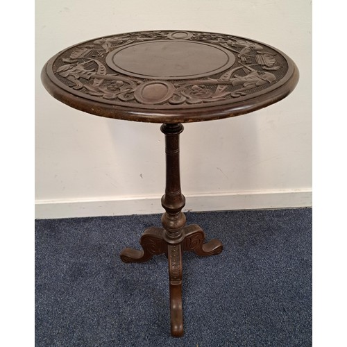 VICTORIAN CARVED OAK OCCASIONAL TABLE
with a circular top decorated with bird heads, on a turned column and tripod base, 76cm high