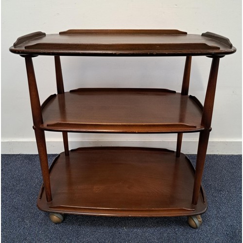 ERCOL STAINED ELM TROLLEY
with three galleried tiers, on casters, 74cm x 72cm x 46cm