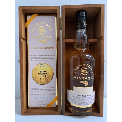COLEBURN 30 YEAR OLD SINGLE MALT SCOTCH WHISKY 
Signatory Vintage, Rare Reserve series. Distilled 13.01.70. Bottled 07.09.2000. Cask no 100. Bottle no 225 of 302. 70cl and 57%. In wooden presentation box with certificate. Level mid to low neck. 1 Bottle