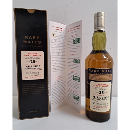 HILLSIDE 25 YEAR OLD SINGLE MALT SCOTCH WHISKY 
from the Glenesk distillery, Rare Malts Selection. Distilled 1970. Bottled 1995. Bottle no 3421. 70cl and 60.1%. In box. Level high shoulder. 1 Bottle