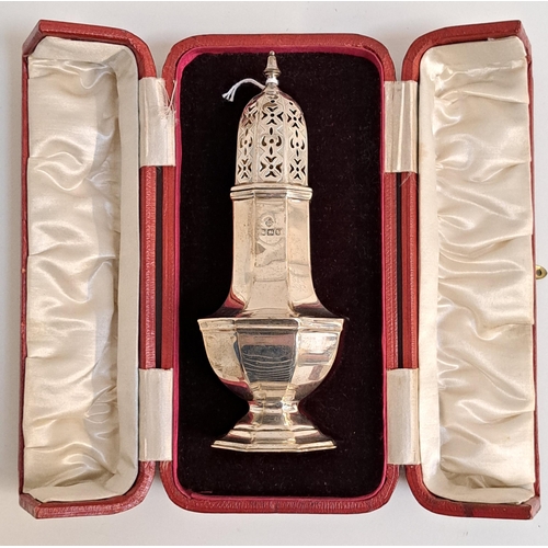 LATE VICTORIAN SILVER SUGAR CASTER
with an octagonal baluster body and a pierced pull off lid, in a fitted red leather case, Sheffield 1900 by Martin Hall & Co, 92g/3.2oz