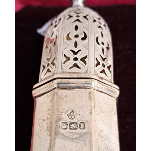 169 - LATE VICTORIAN SILVER SUGAR CASTER
with an octagonal baluster body and a pierced pull off lid, in a ... 