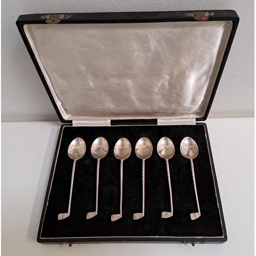 SET OF SIX NOVELTY SILVER TEA SPOONS
the stems modelled as golf clubs, marked sterling silver, in a fitted case, 66g/2.3oz