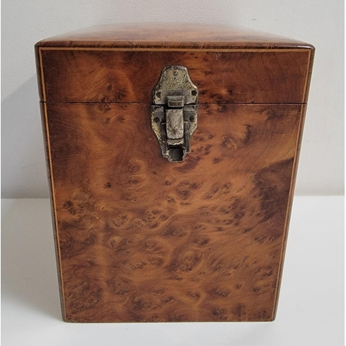 LARGE BURR YEW TEA CADDY
of rectangular form, the lift off lid with two clip fastening, 18cm x 16.5cm x 14cm