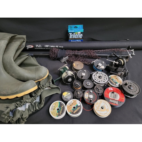 278 - FISHING INTREST
a three section PhD 10' fibreglass rod, selection of spinning and other reels, landi... 